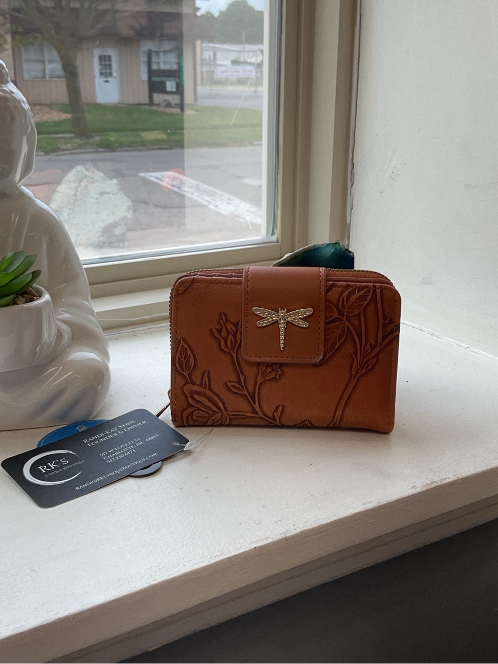 Brown Floral Embossed Wallet with Dragonfly Accent